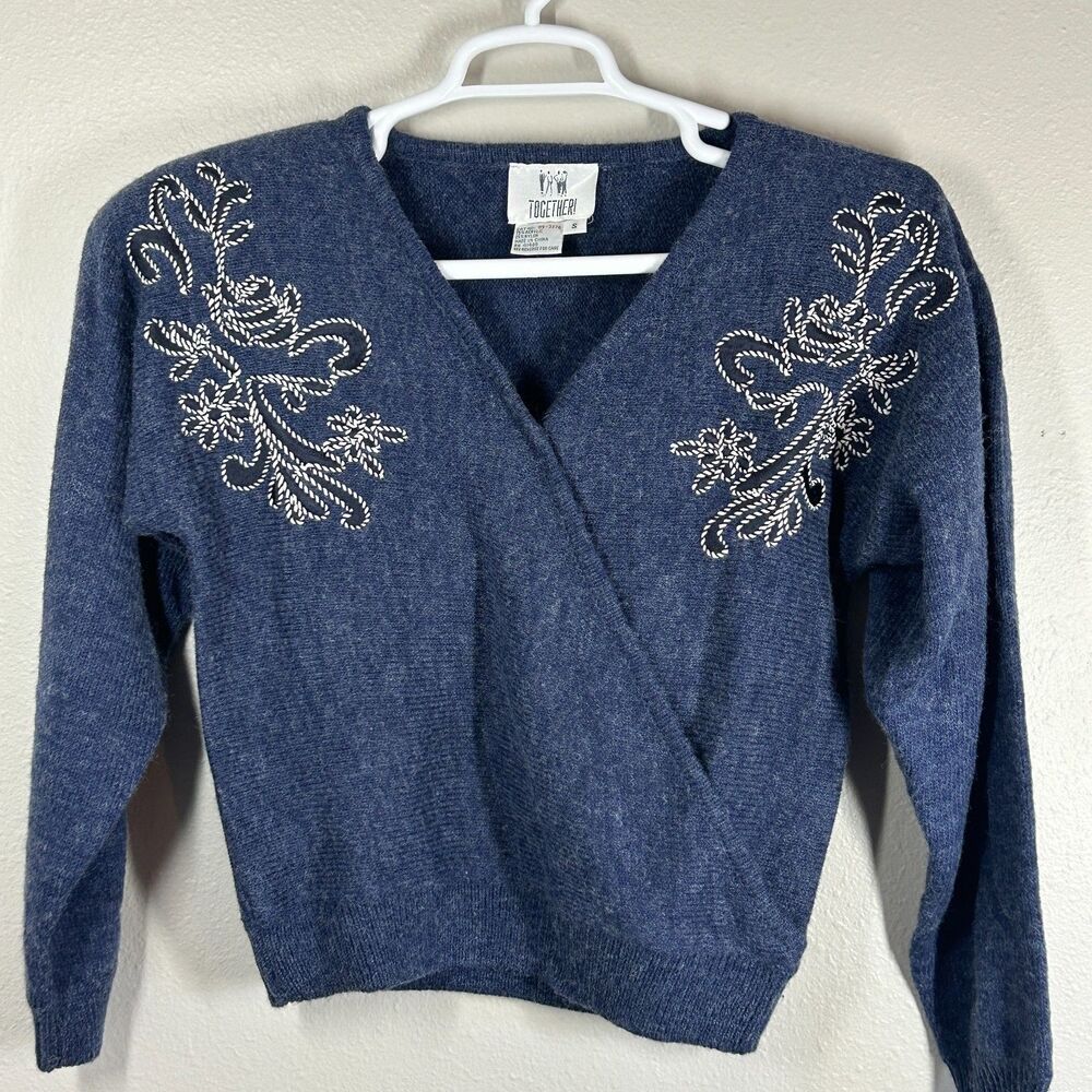 Together! Women's Navy Blue Embroidered Wrap Sweater Top Size S